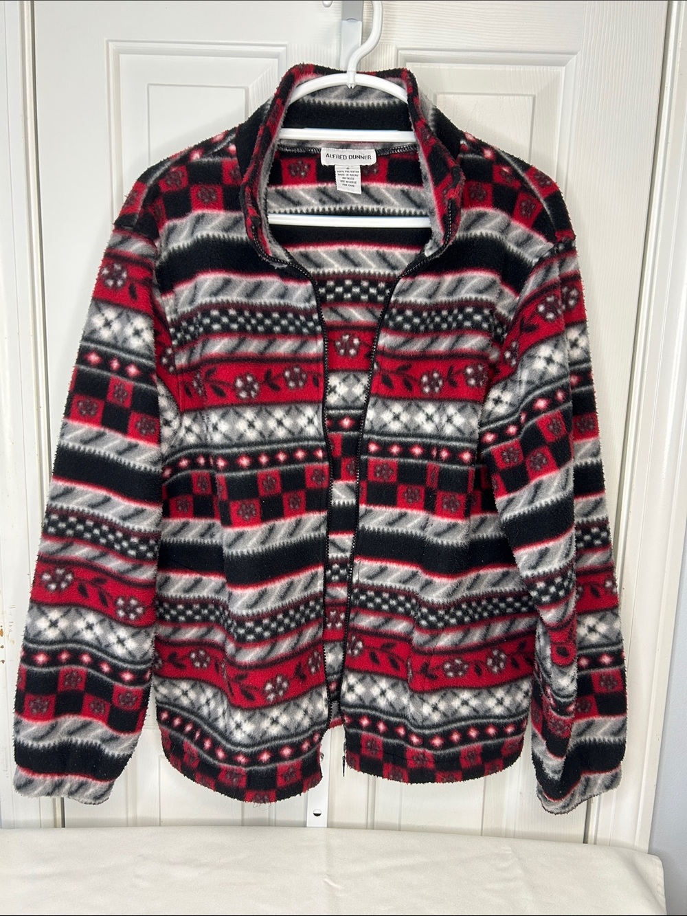 Alfred Dunner Women Red Black Mock Neck Zip Front Long Sleeve Sweater Size Small